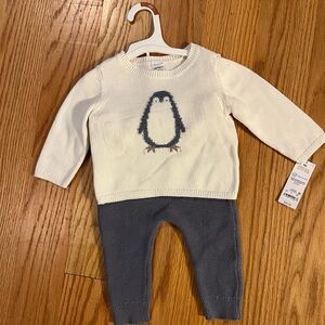 Carter's Cream Knit Sweater Set with Gray Penguin Detail
